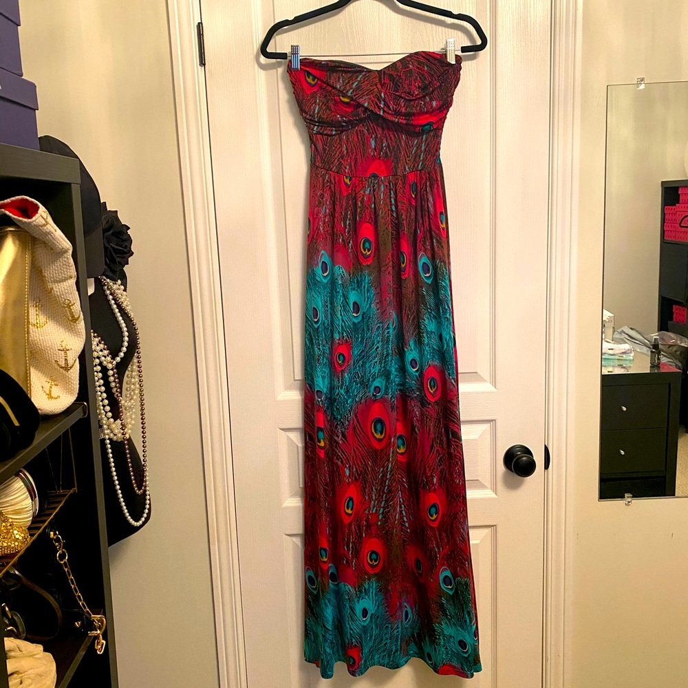 Peacock strapless maxi dress